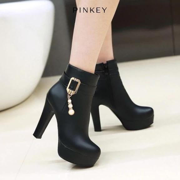 PINKEY P115 Boots Wanita Heels 11cm Chunky Platform Black / Beige / Pink (Size 3842) High Shoes TA