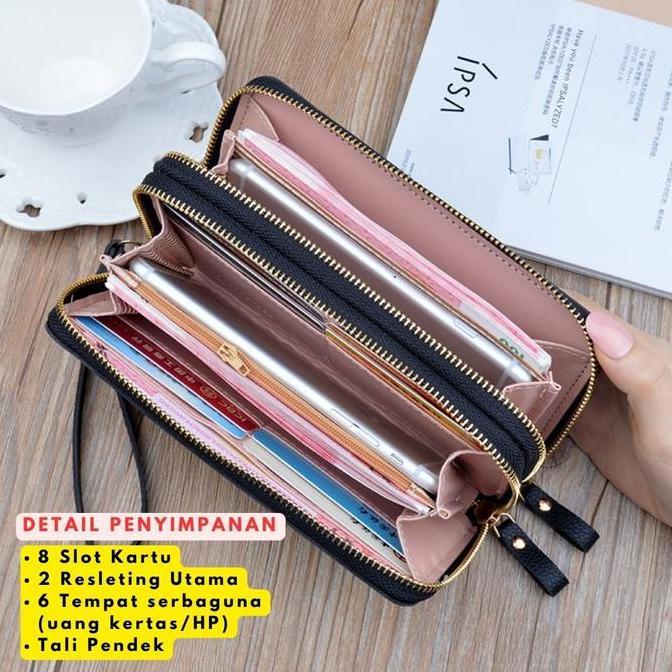 Dompet Minimalis Dompet Panjang Wanita 2 Resleting Premium Sermai Hitam Kulit Pesta  Korea Tali Bata