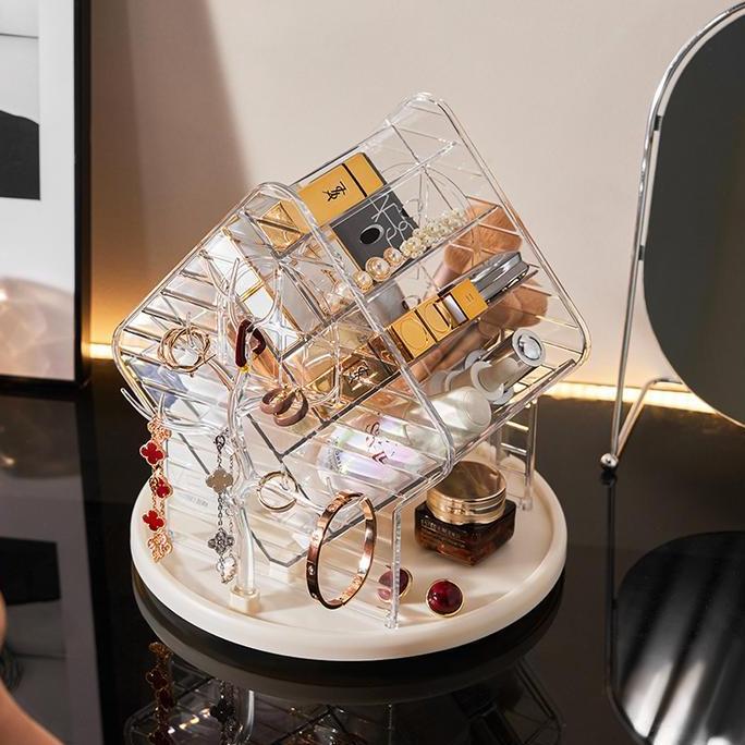 Tempat Make Up Putar Akrilik Multifungsi Rak Aksesoris Anting Cincin Transparan Serbaguna K1162