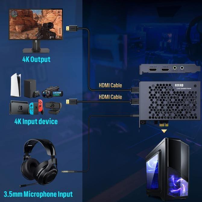 TERLARIS Ezcap 324B PCIE PCI Express HDMI 4K Video Capture Card Gamer Live RAW gratis ongkir
