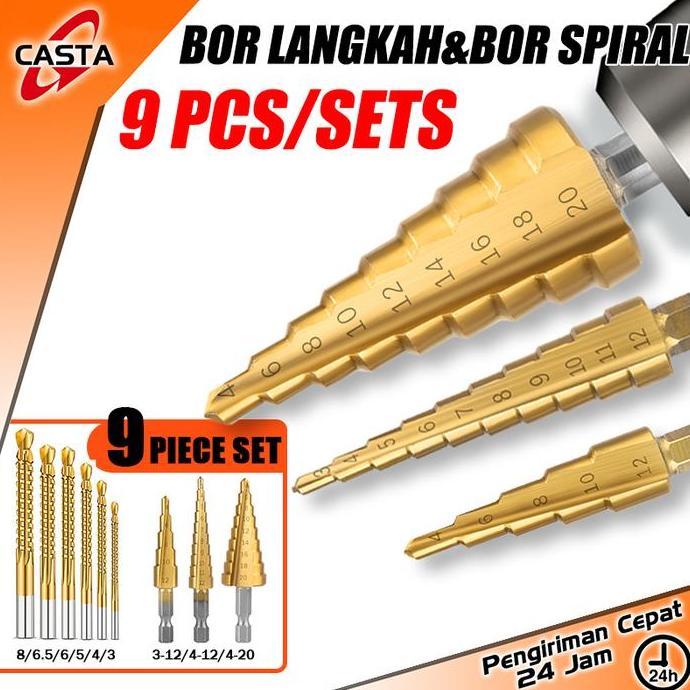 AONI CASTA Paket 2 Jenis Mata Bor HSS Titanium, Bor Langkah dan Bor Gergaji Set 9 Pcs, Cocok untuk L