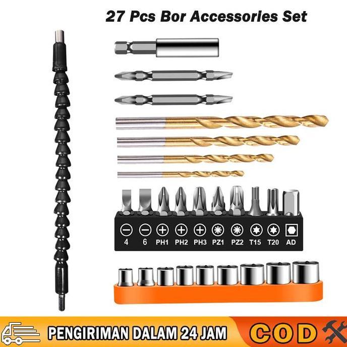 NUIFARM - 27 PCS MATA BOR OBENG SET BOR DINDING KAYU LUBANG SEKRUP TANGAN BOR LISTRIK DAMPAK MATA BO