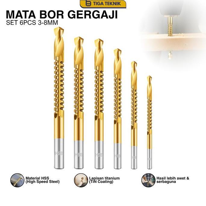 Mata Bor Gergaji Kayu Metal - Cutting Drill Saw Titanium Coated HSS Drill Set 6 Pcs 3-8mm - Mata Bor