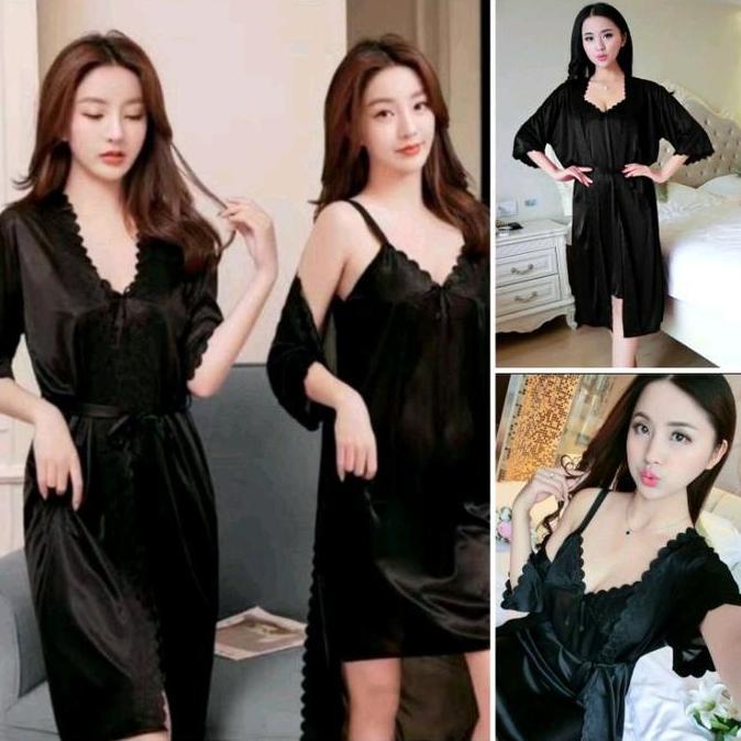 Baju Tidur Kimono Lingerie Sexy 2In1, Tricot Satin Import Wanita