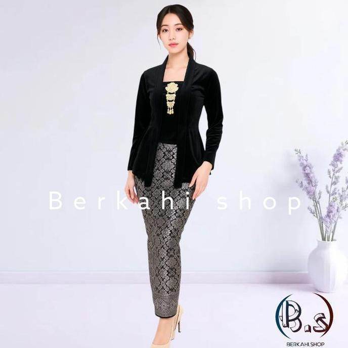 Berkahi Shop Setelan Kebaya Kutubaru Bludru Rok Songket Biru Elegan untuk Penampilan Memukau LA