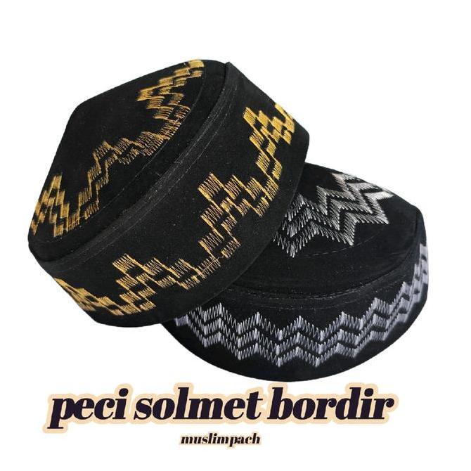 MF peci songkok solmet bordir /kopiah uje dewasa Muslim Pria Hitam Motif Nyaman Lembut Haji