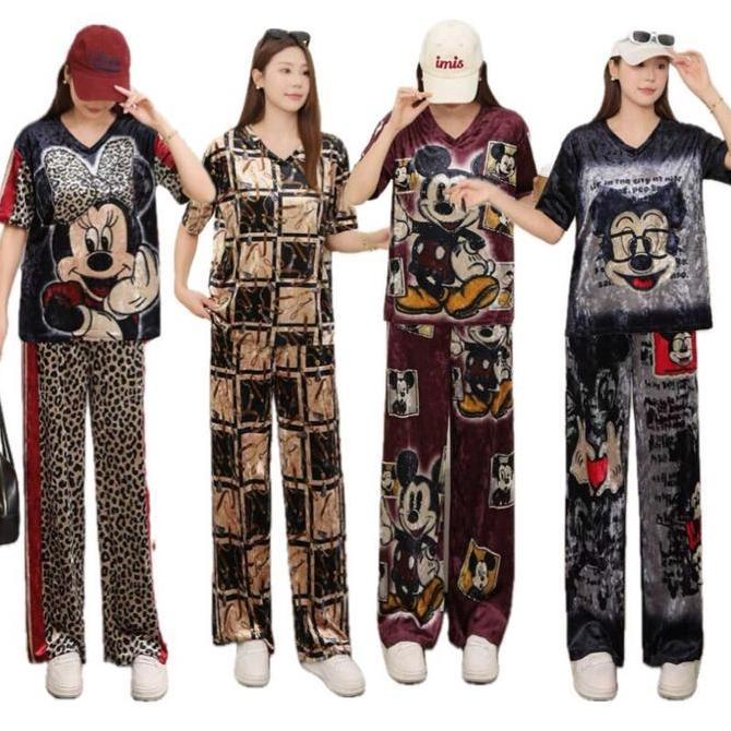 Setelan Big Size Velvet (kaos + kulot ) baju oversize Pendek bludru set celana kulot velvet Nyaman