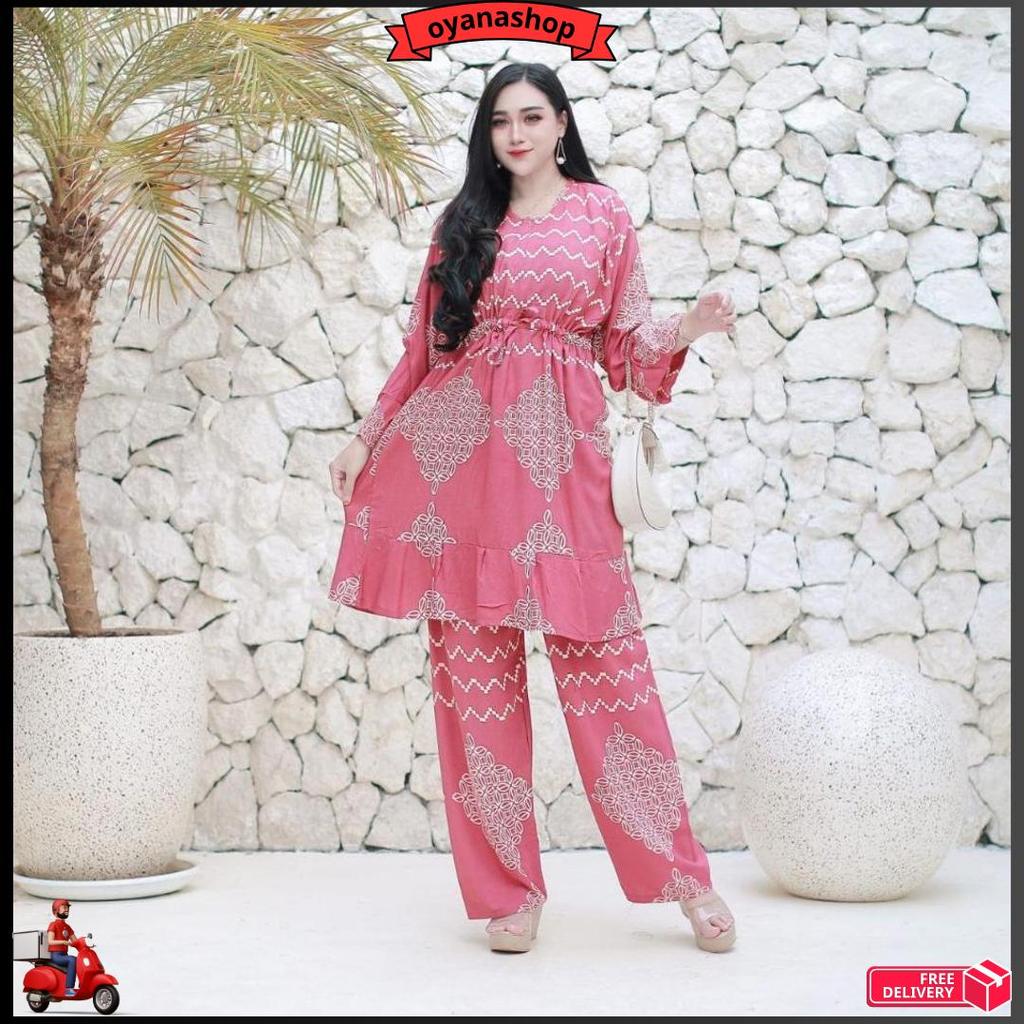One Set Wanita Kekinian Jumbo Rayon Premium Busui Motif Sonya / Tunik Wanita Setelan Celana Terbaru 