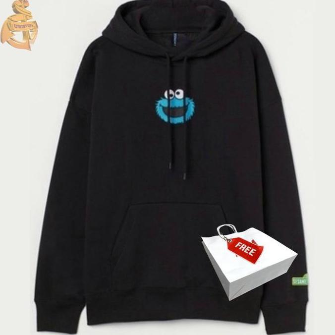 NEW HOODIE HM ELMO SESAME STREET BLACK HITAM FULL TAG FREE PAPER BAG COWOK PRIA SWEATER ORI