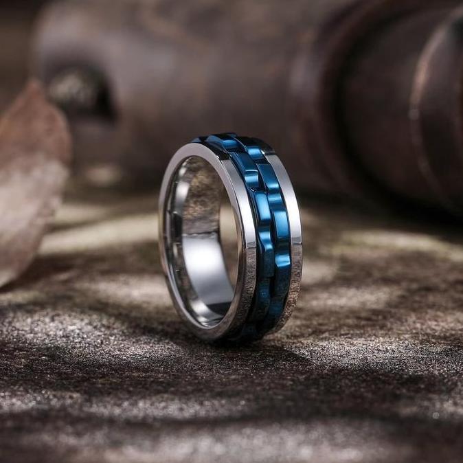 Youboy- Cincin Variasi Gear Rantai Putar Full Black / Cincin Fidget Gaya Punk Tahan Karat / Gear Spi