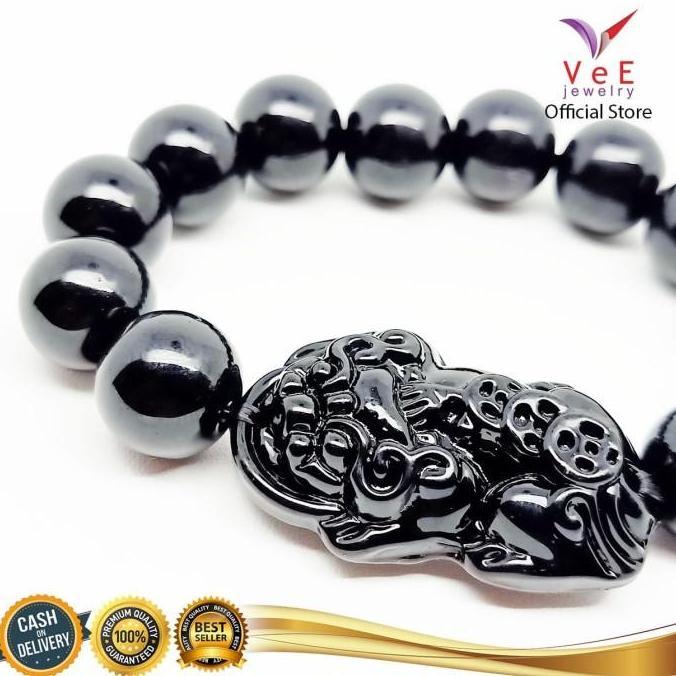 Youboy- Gelang Batu Giok Hitam Black Jade Cina Asli 13Mm Bandul Pixiu - Vee