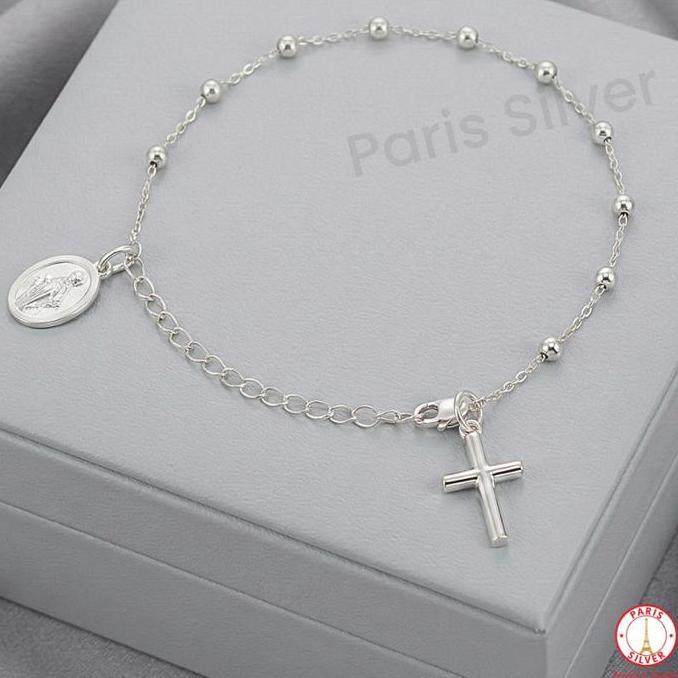 Gelang Rosario Medali Wasiat Bunda Maria Perak Asli 925 Silver Lapis Emas Putih Katolik Anti Karat M