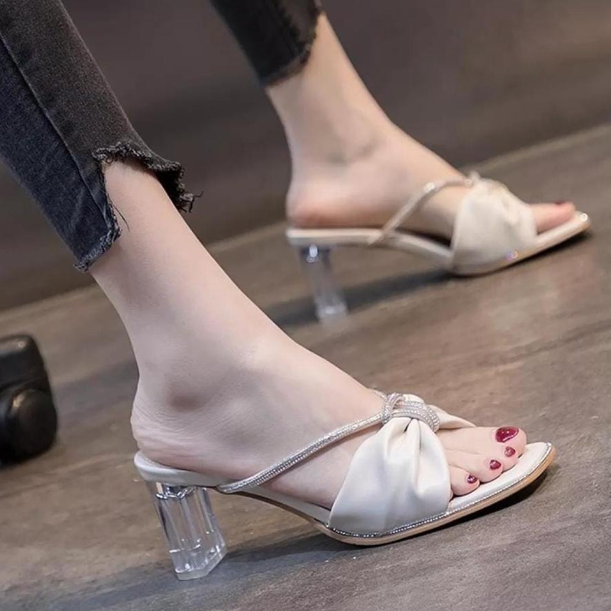Promo Auroracollections - High Heels Adreena Sandal Wanita Hak Tinggi Sepatu Kaca Kerut Permata Cant
