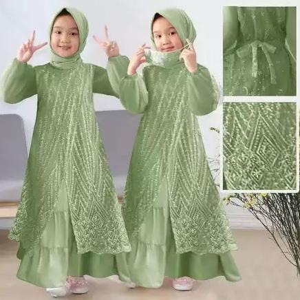 CUCI GUDANG Gamis Anak Perempuan Olivia Kids Maxy BO Bahan Kain Saten Velvet Mix Tile Mutiara Size  