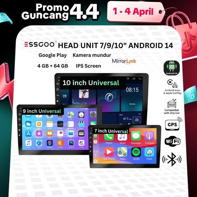 ESSGOO HEAD UNIT ANDROID 14 MOBIL 4G+64G  7/9/10 INCH 2 DIN KONTROL SUHU CERDAS IPS LAYER MOBIL NAVI