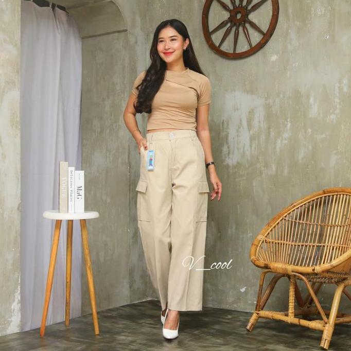 Celana Cargo Highwaist Twill Combed Stretch Wanita Kulot Panjang