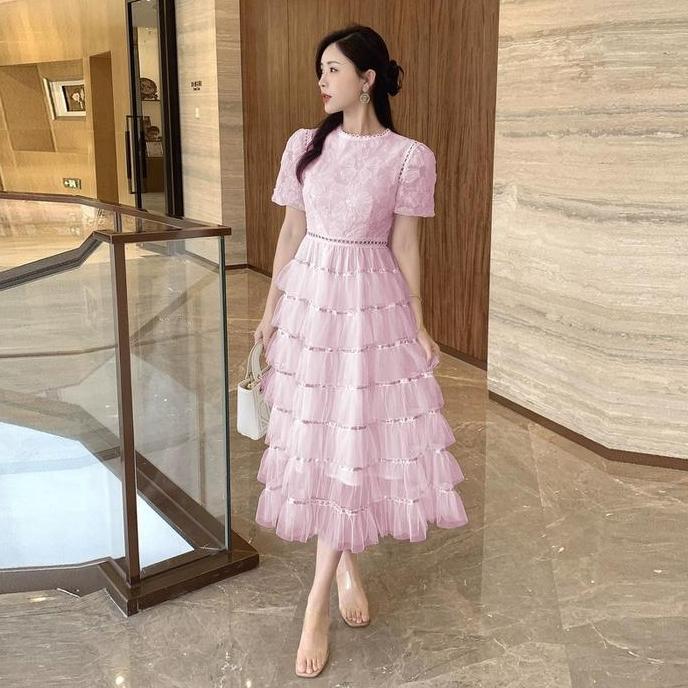 KEKINIAN Flower Lace Tutu Midi Dress Casual Gaun Wanita Pink/Putih/Merah Bunga Floral Pesta Elegant 