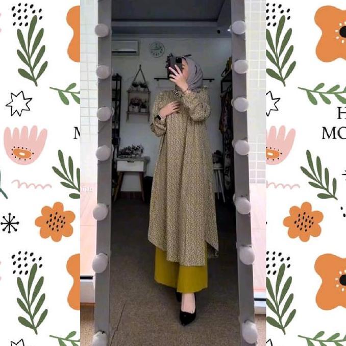 LIFESTYLE Set Tunik Wanita  One Set Long Tunik Kancing Motif / Bahan Atasan Rayon Diamond Mix Crinkl