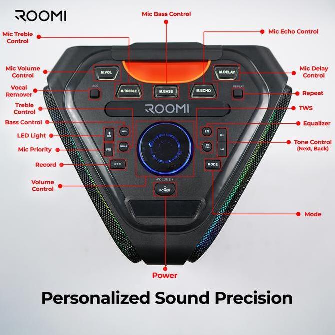 Grosir Roomi Partybox Triangle 10 Inch Karaoke Speaker 4X Sound Power Full Bass Treble Wireless Blue