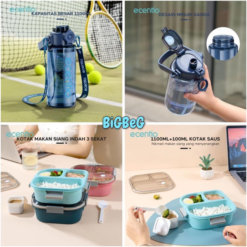 (Bigbeg) Ecentio Kotak Makan Lunch Box 3 Grid 1100 Ml Kotak Bekal Misting Anti Bocor