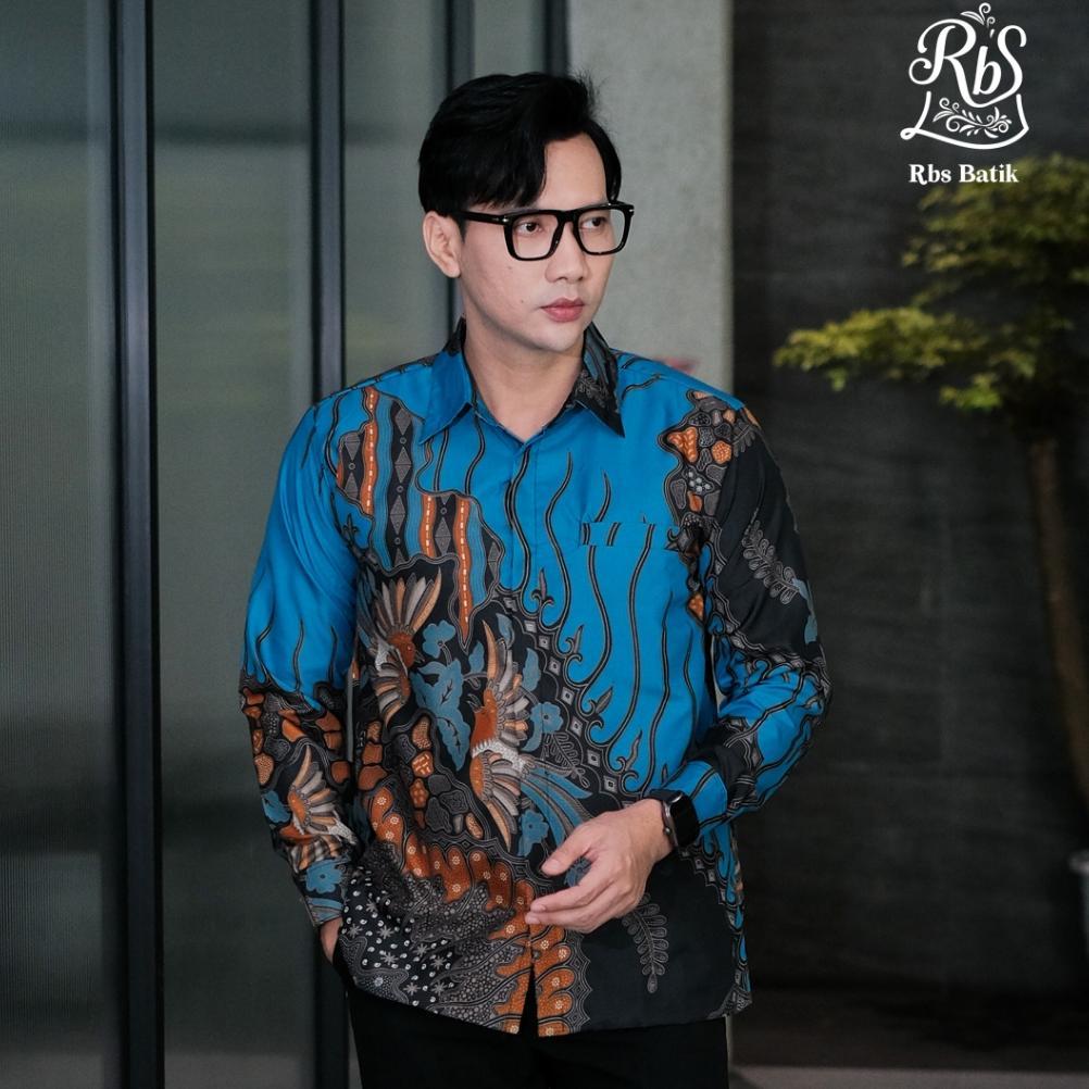 Unik Rbs Batik - Kemeja Batik Pria Dewangga Slimfit Lapis Furing Warna Biru Kombinasi Hitam Dan Oren