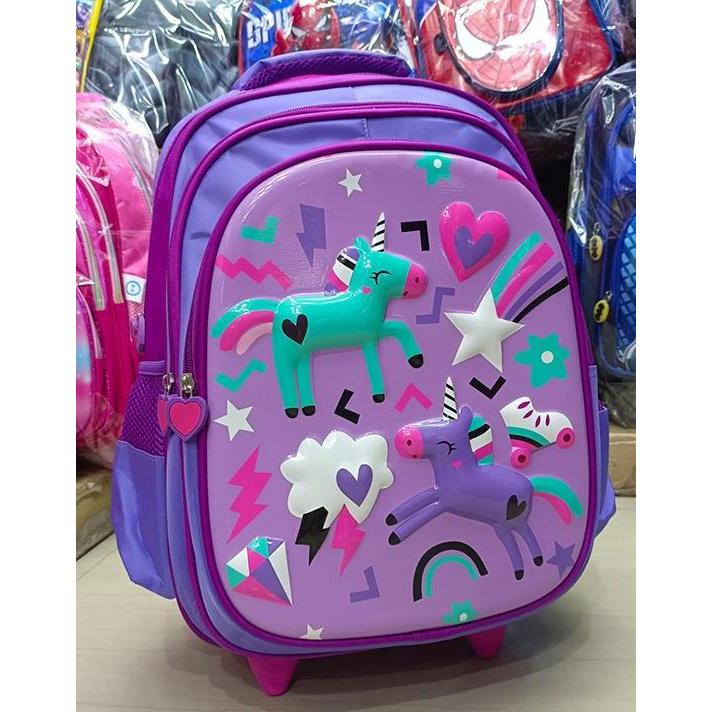 Tas SD Trolley Anak Perempuan UNICORN KUDA PONY Pirang EMBOS UNGU