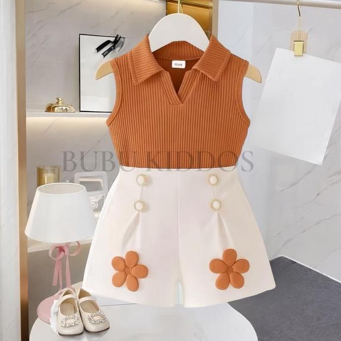 Lansungkirim- Bubu Kiddos One Set Knit Anak Perempuan Celana Pendek Motif Bunga 1-5 Tahun