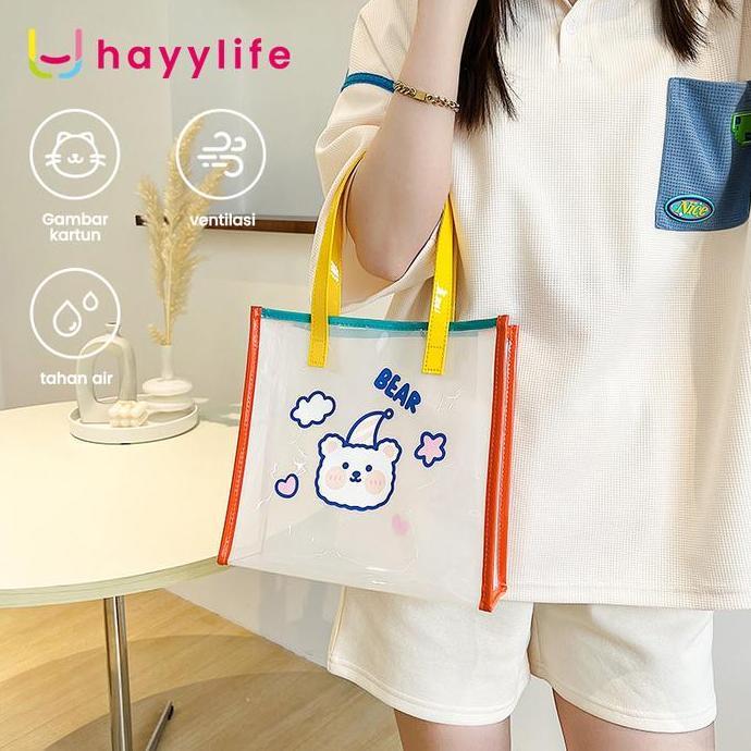 HAYYLIFE Tas Tote Bag Anak Kecil/Dewasa Anti Air Transparan Kapasitas Besar Kartun Jelly Bahan PVC  
