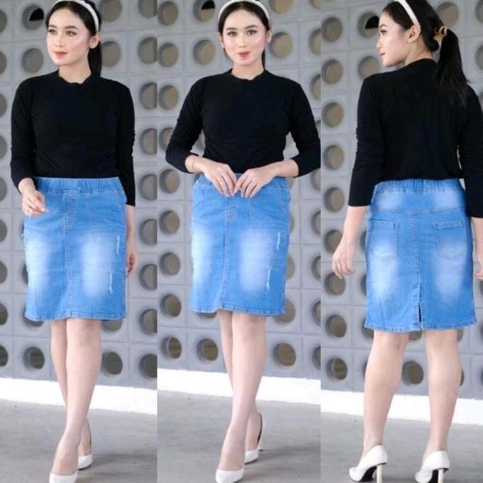 TERKINI Rok Jeans Pendek Ferita pinggang karet anti begah Nyaman Stretch onder TERKINI
