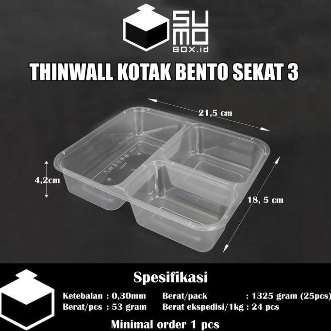 Posizioni- [1 Pak Isi 25 Pcs] Bento 3 Sekat + Tutup / Thinwall Bento Sekat / Box Kotak Nasi Plastik