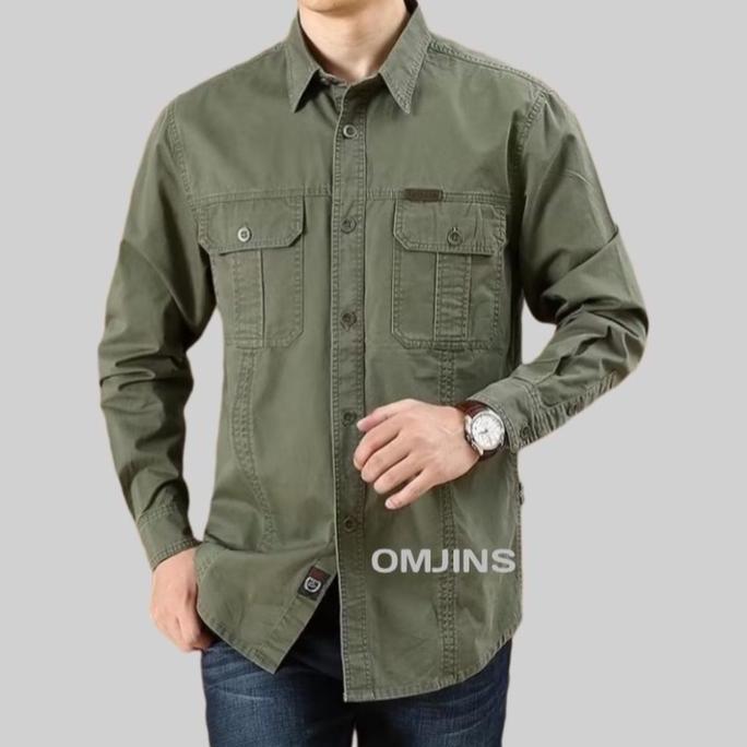 HARGA PRODUK OMJINS - Kemeja Pria Tactical Lengan Panjang Baby Canvas Tebal Nyaman & Tahan Lama - Ba