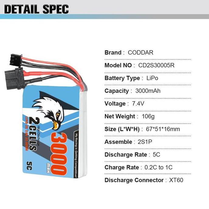 CODDAR 2S 3000MAH 7.4V 5C LiPo Battery for Radiomaster TX12 Transmitter XT60