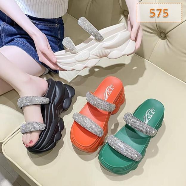 Sandal Selop Wanita Permata Webing Twoline Tinggi Sole 7 cm Hitam Hijau Oren Putih (AP24) [S2]