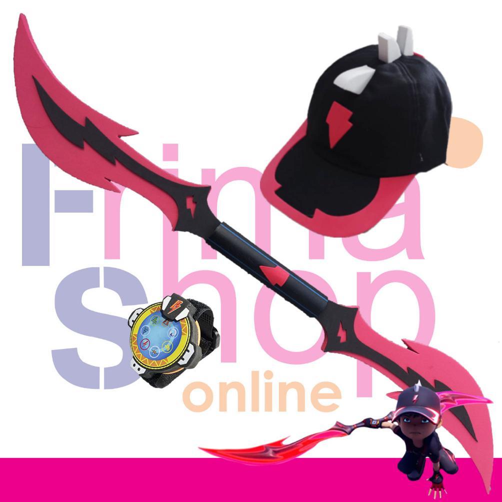 paket topi + jam tangan + mainan pedang tombak boboiboy halilintar stokready