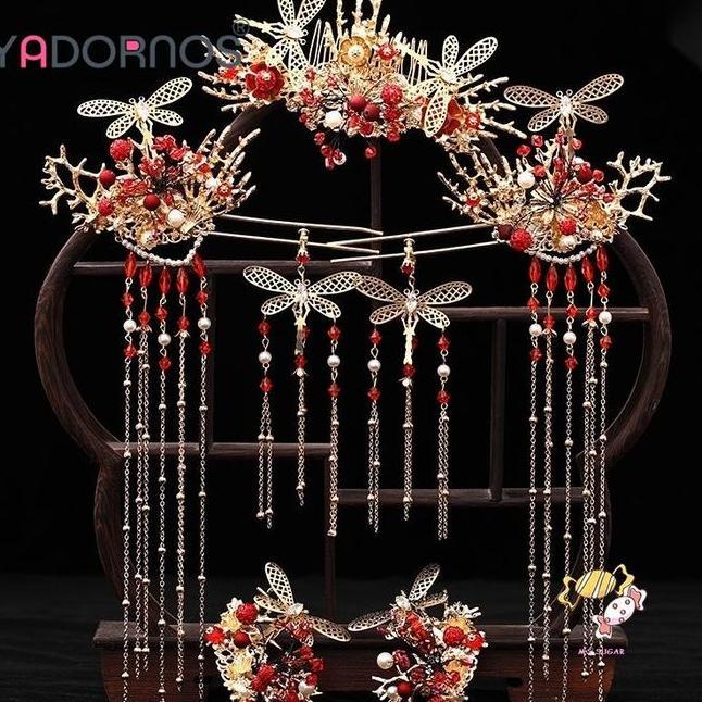 Yadornos Tiara Pengantin Wanita Menunjukkan Pakaian Wo Toast Pakaian Kepala Tassel Phoenix Crown Acc