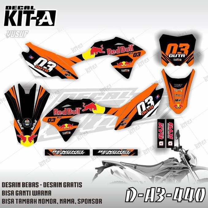 Stiker decal motor KLX BF terbaru striping dekal klx motif redbull hitam orange D-A3-440