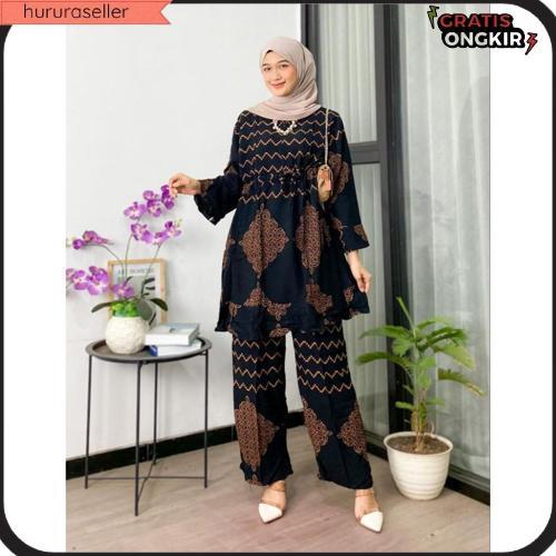 One Set Wanita Kekinian Jumbo Rayon Premium Busui Motif Sonya / Tunik Wanita Setelan Celana Terbaru 
