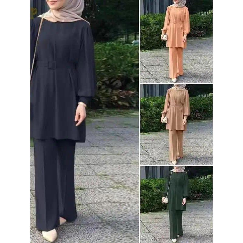 Dubai Eid Mubarek Outfit Fashion Suit Turkey Abaya Causal Pant Sets Muslim Long Sleeve Blouse Trouse