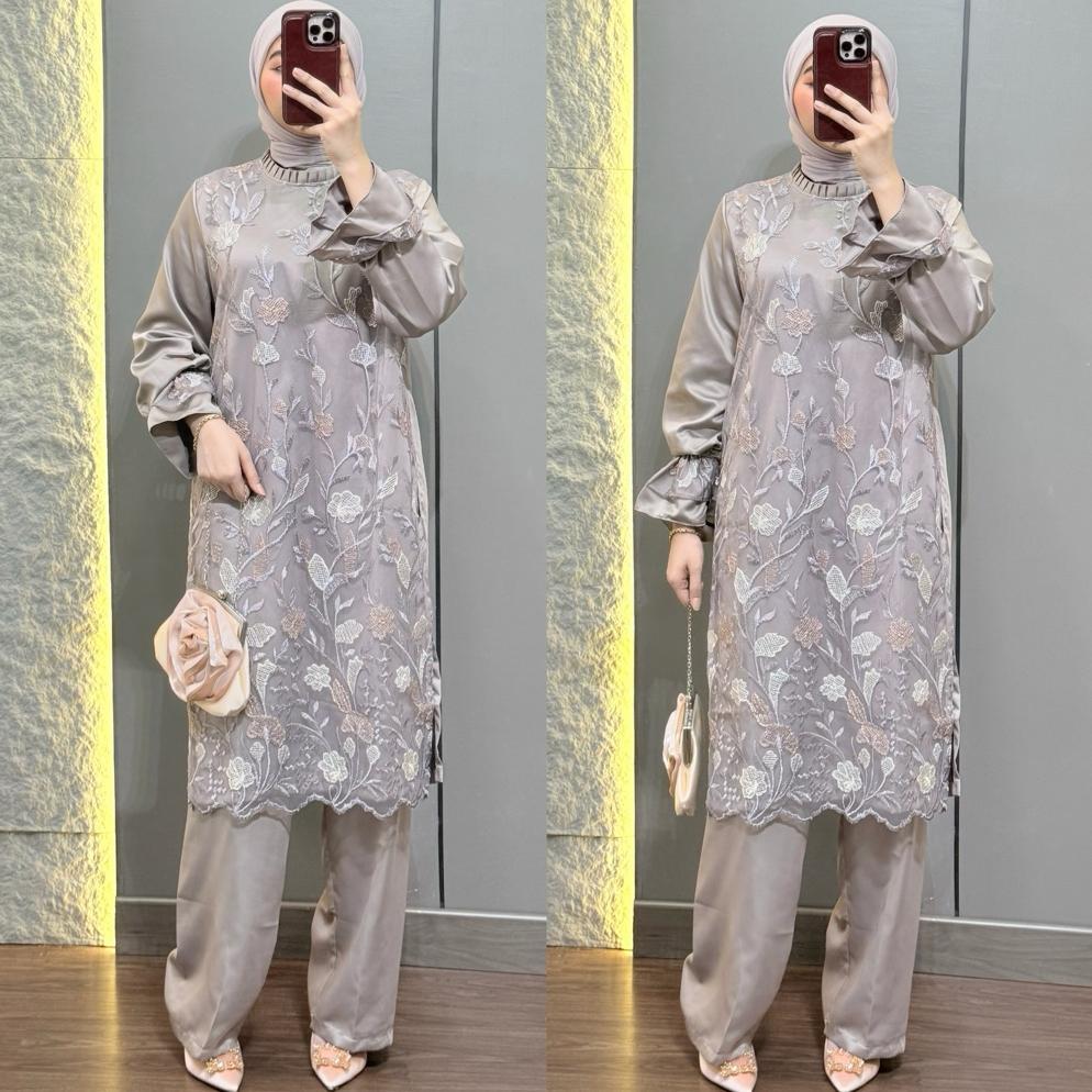 BIG PROMO Erica Set Luxury Atasan dan Bawahan Celana Tunik Baju Brukat Pesta Kondangan