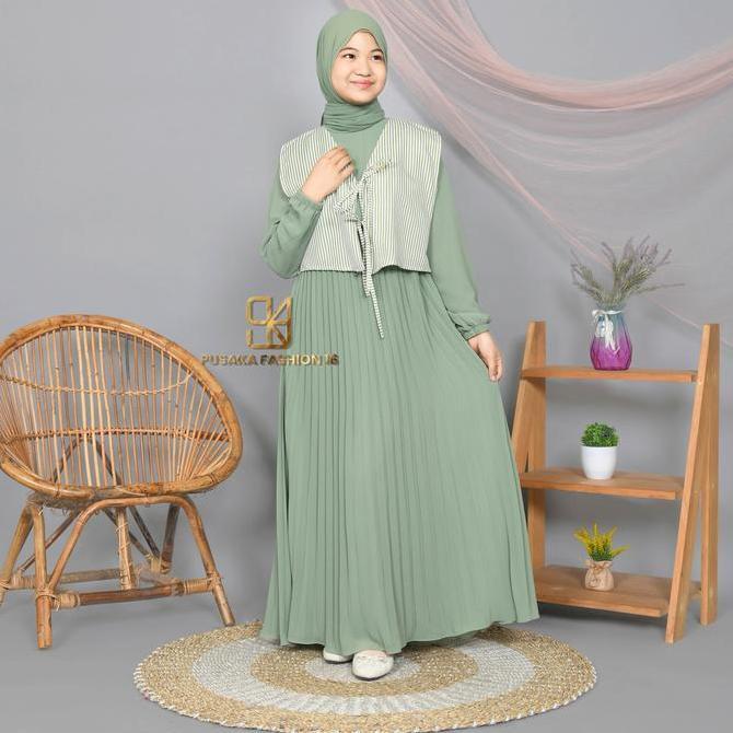 Okeajalah- J4Nne Gamis Anak Remaja Tanggung Perempuan Muslim Plisket Ceruty Babydoll Korean Style,Ve