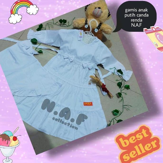 Okeajalah- Gamis Anak Putih Canda Renda N.A.F Katun Motif Muslim Seragam Baju Sekolah Mewah Dress Re