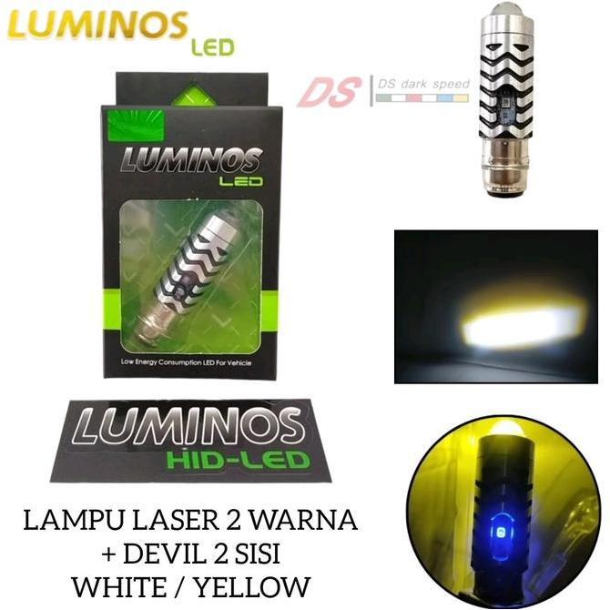 LAMPU DEPAN MOTOR LUMINOS LED H6 DAN H4 LS2 LASER 2 WARNA PUTIH KUNING + LAMPU LED SENJA BIRU AC DC 