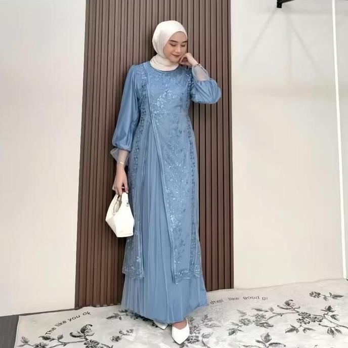 Shukyo- Gamis Brokat 25 Model Baru Shabira Dress Silk Kombinasi Brokat Burgundy Baju Lebaran 25 Idul