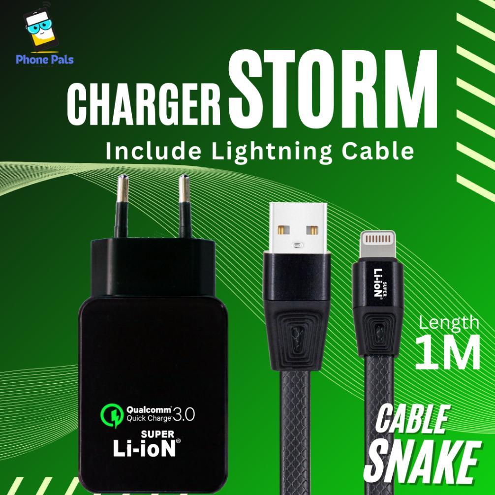 CHARGER DUAL-USB (18W) SUPER LI-ION STORM+KABEL DATA MICRO/IPHONE/USB-C