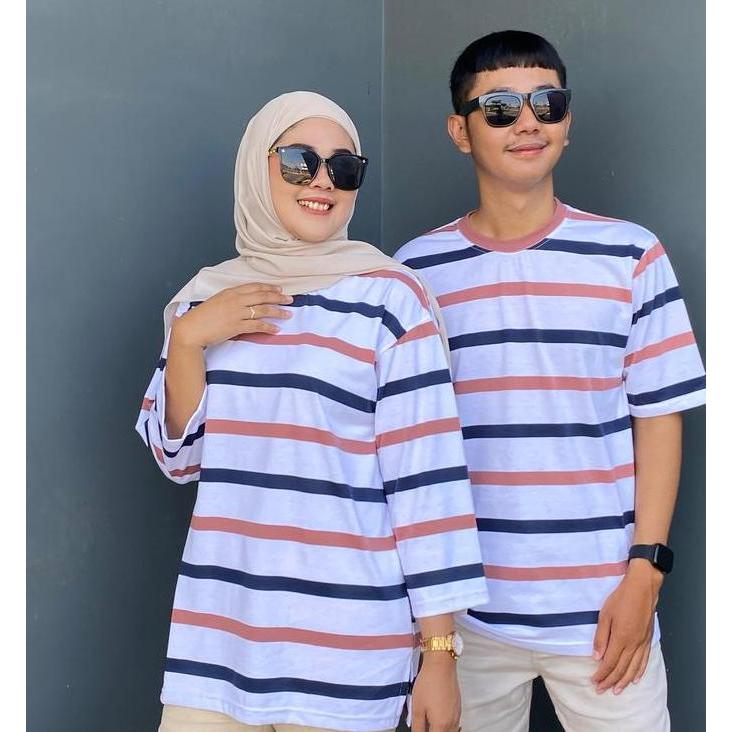 Baju Couple Pasangan Setrip Garis Kecil Warna Chanberry Kaos Salur Pasangan Trending Gaya Manis Kore