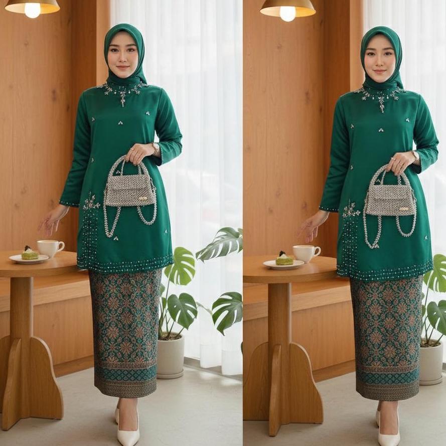 CUCI GUDANG Setelan Kebaya Melayu Belah Samping Modern Wanita Elegan Premium Set Atasan & Rok Batik 
