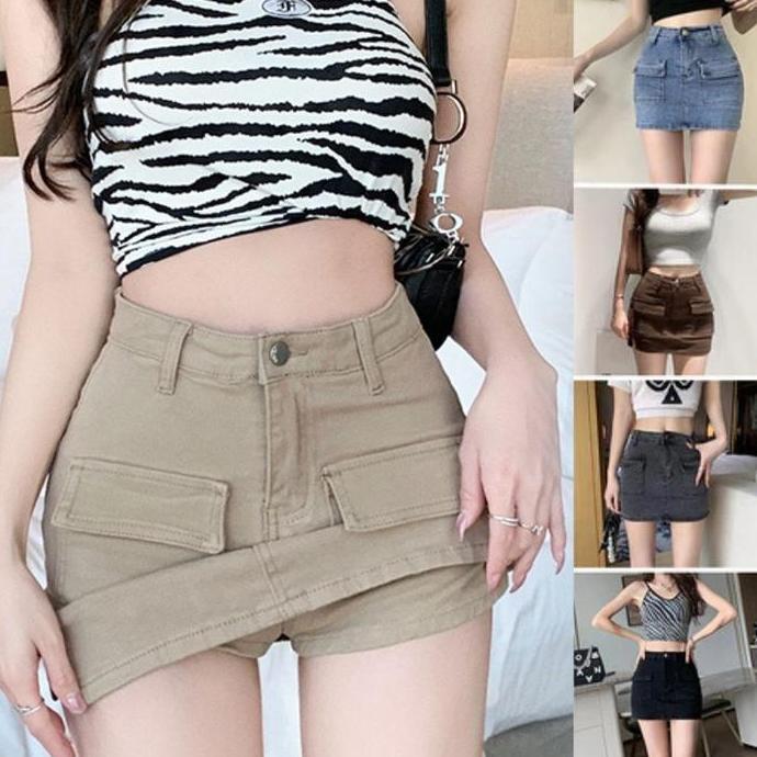 Rok pendek denim pinggang tinggi wanita gaya Korea kulot denim antik Panjang Standar Hitam Biru