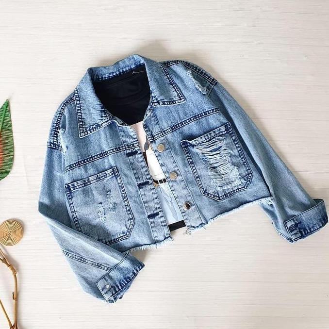 Jaket Jeans krop top Wanita Jaket Crop Wanita kantong sobek Jaket Wanita Model Bawah Rawis