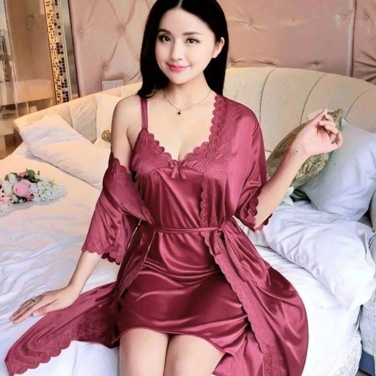 big promo baju tidur kimono tricot 2in1 / lingerie sexy size l & jumbo