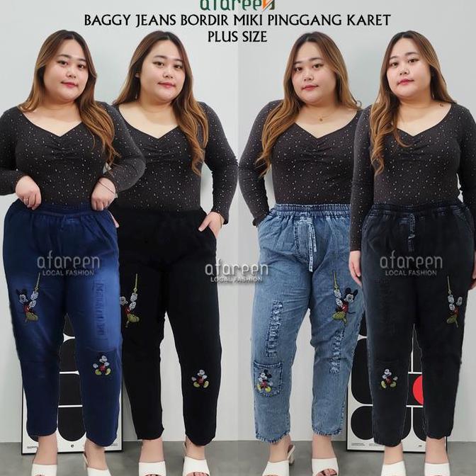 AFAREEN - Kulot Jeans Bordir Jumbo Pinggang Karet Baggy Jeans Wanita Boyfriend Baggy Pants Big Size